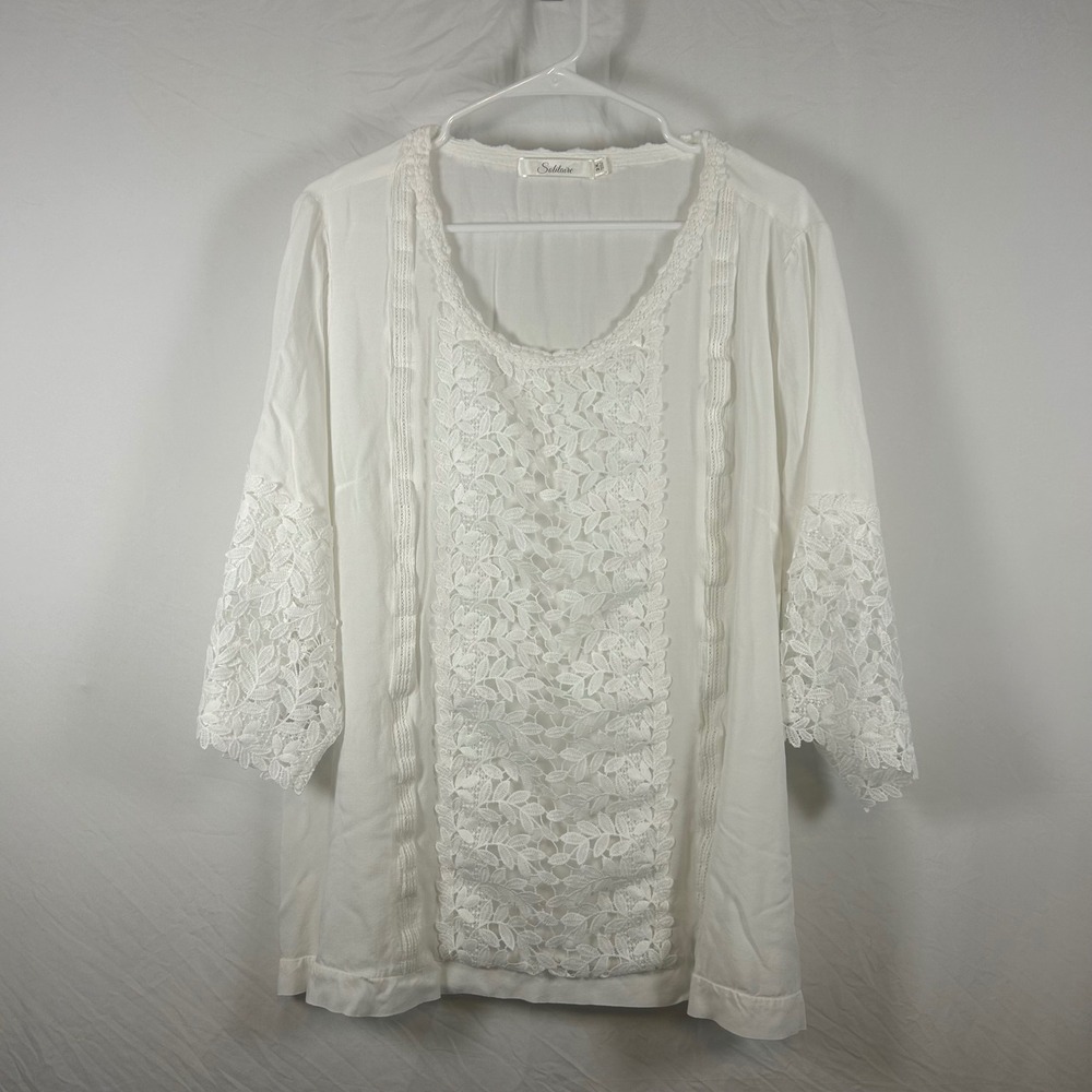 Solitaire White Lace Crochet Trim Blouse 3/4 Sleeve Plus Size 2X Boho Romantic‎